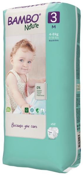 Еко пелени за еднократна употреба  Bambo Nature, Tall pack, размер 3, M, 4-8кг., 52 броя
