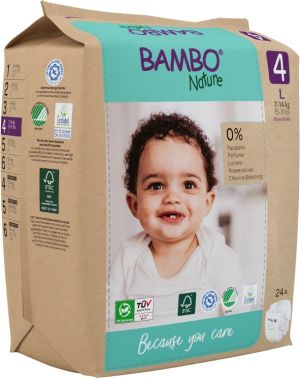 Еко пелени за еднократна употреба Bambo Nature, размер 4, L, 7-14кг., 24 броя, хартиена опаковка 