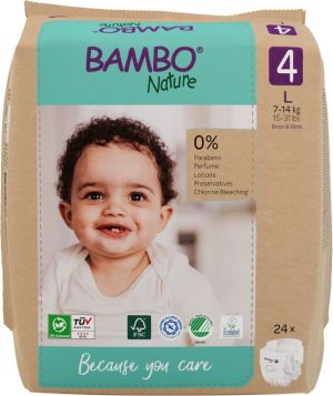 Еко пелени за еднократна употреба Bambo Nature, размер 4, L, 7-14кг., 24 броя, хартиена опаковка 