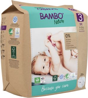 Еко пелени за еднократна употреба Bambo Nature, размер 3, M, 4-8кг., 28 броя, хартиена опаковка 