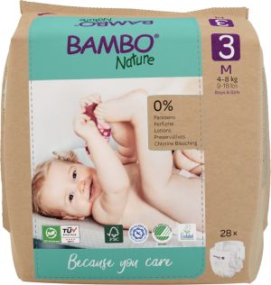 Еко пелени за еднократна употреба Bambo Nature, размер 3, M, 4-8кг., 28 броя, хартиена опаковка 