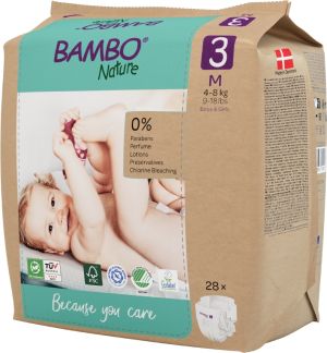Еко пелени за еднократна употреба Bambo Nature, размер 3, M, 4-8кг., 28 броя, хартиена опаковка 