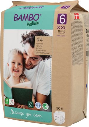 Еко пелени за еднократна употреба Bambo Nature, размер 6, XXL, 16+кг., 20 броя, хартиена опаковка 