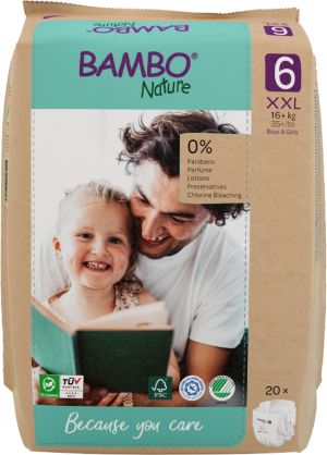 Еко пелени за еднократна употреба Bambo Nature, размер 6, XXL, 16+кг., 20 броя, хартиена опаковка 
