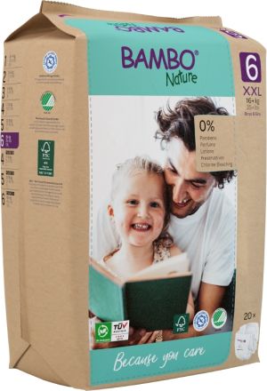 Еко пелени за еднократна употреба Bambo Nature, размер 6, XXL, 16+кг., 20 броя, хартиена опаковка 