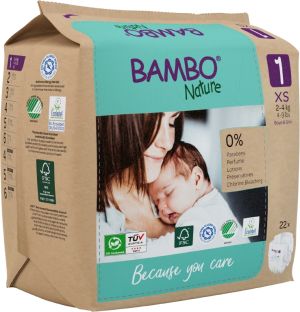 Еко пелени за еднократна употреба Bambo Nature, размер 1, XS, 2-4кг., 22 броя, хартиена опаковка 