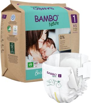 Еко пелени за еднократна употреба Bambo Nature, размер 1, XS, 2-4кг., 22 броя, хартиена опаковка 