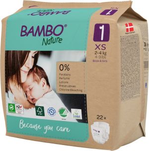 Еко пелени за еднократна употреба Bambo Nature, размер 1, XS, 2-4кг., 22 броя, хартиена опаковка 