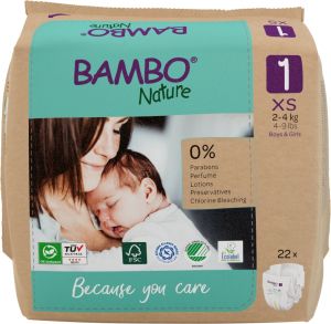 Еко пелени за еднократна употреба Bambo Nature, размер 1, XS, 2-4кг., 22 броя, хартиена опаковка 