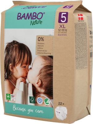 Еко пелени за еднократна употреба Bambo Nature, размер 5, XL, 12-18кг., 22 броя, хартиена опаковка 