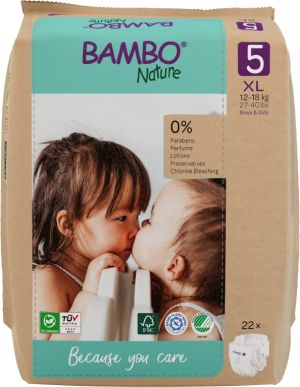 Еко пелени за еднократна употреба Bambo Nature, размер 5, XL, 12-18кг., 22 броя, хартиена опаковка 