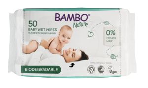 Биоразградими мокри кърпички  без аромат Bambo Nature, 50 броя, с твърд капак 