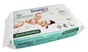 Биоразградими мокри кърпички  без аромат Bambo Nature, 50 броя, с твърд капак 