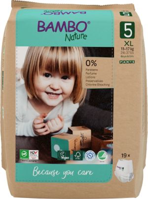 Еко пелени, тип гащи, Bambo Nature Pants, размер 5, XL, 11-17кг., 19 броя, хартиена опаковка 